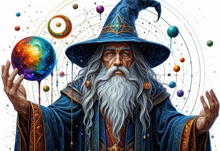 Finely detailed vector illustration. wizard, universe, ultra realistic quality,circle symbols,white background, oil painting, hyperdetailed, intricately detailed,  triadic colors,fantastical,intricate detail,splash screen,complementary colors, fantasy concept art, 8k resolution, masterpiece,oil painting,heavy strokes,paint dripping.