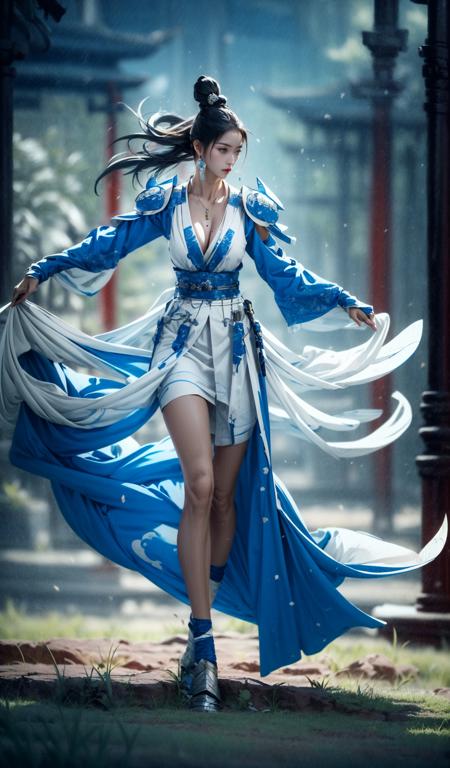 masterpiece, best qualityWhite and blue themeblue and white porcelainoutdoorsexposed collarbone, exposed shoulders(gigantic breasts:0.7),(long legs:1.1),(skinny legs:1.6), (cleavage mole:1.3)Extremely Delicate Beautiful,
Chinese martial arts war scenes, a girl Chinese wearing blue and white porcelain armor,chinese dlothesblue dresslong sleevesswordholding weapon(full armor:1.5)gauntletssheathpauldrons
chinese ink style, martial arts style, Chinese fairy tale,highly detailed, dynamic, cinematic, stunning, Chinese architectureeast asian architecture Milky skin, shiny skin
A shot with tension(sky glows red,Visual impact,giving the poster a dynamic and visually striking appearance:1.2),Chinese Zen style,impactful picture,
<lora:blue and white porcelain_20230903005832:1>