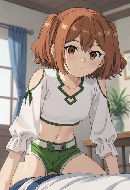 kanne \(sousou no frieren\),brown eyes,brown hair,two side up,crop top,long sleeves,green shorts, white thighhighs