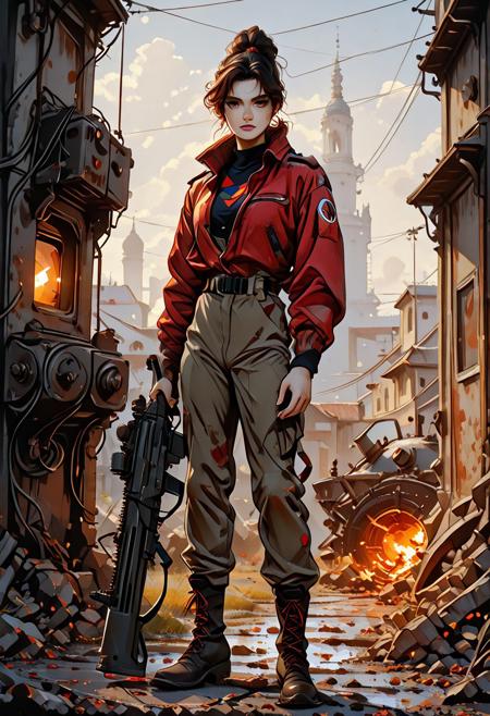 masterpiece, Shinkaistyle,
pinkretroanime, retro art,
Cyberpunk Style, cyberpunk, science fiction, hi tech, future tech, neon, (Cybernetics:1.25), (Neon Cityscape:1.4), (lineless:1.5), smooth edges, (lighten the face:1.5), tall body, slender body, fit body, long legs,  masterpiece, UHD, 8K, high res, high detailed, best quality, amazing quality,
(Digital illustration, side view, Jakub Rozalski style, post-apocalyptic battlefield, painterly realism)
A lone female soldier stands guard amid a war-torn field, her back to the viewer. She wears a weathered military uniform—jacket, boots, cap—with a rifle slung over her shoulder and her hair tied in a tight ponytail. Her stance is calm yet resolute, framed against the chaos.
In the foreground, a tiger crouches low in the grass, its gaze fixed on the smoky horizon. Behind her, a massive armored vehicle looms—rusted, mechanical, adorned with faded red crosses on its turret—its machine gun raised above the barbed wire-laced field.
Scattered debris and distant figures shrouded in fog complete the scene, while dark trees line the edges of the smoky, desaturated background.
(Muted earth tones, cinematic haze, painterly brushwork, high narrative tension, moody atmosphere)
The artist’s signature marks the corner, grounding the piece with personal authorship.