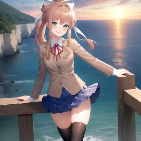 ((masterpiece)),(best quality),official art,extremely detailed CG,unity 8k wallpaper,ultra detailed,A lighthouse on a cliff by the sea,1girl,solo,cowboy shot,monika (doki doki literature club),green eyes,very long hair,black thighhighs,brown hair,blue skirt,smile,school uniform,ponytail,pleated skirt,looking at viewer,brown jacket,long sleeves,white ribbon,hair ribbon,bangs,uwabaki,white footwear,neck ribbon,white shirt,sidelocks,medium breasts,red ribbon,zettai ryouiki,hair bow,white bow,<lora:Monika(ddlc)>,