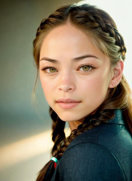 portrait of Kristin Kreuk, :< , wearing runway fashion , with dark blonde Fishtail braid , background summer epic (photo, studio lighting, hard light, sony a7, 50 mm, matte skin, pores, colors, hyperdetailed, hyperrealistic), <lyco:Kristin Kreuk:1.1>