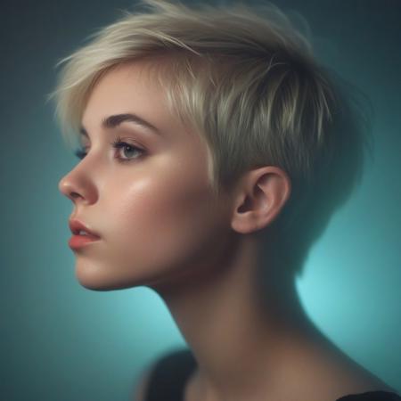 Beautiful blonde Young woman, short pixie hairstyle, 20 years old, cute face ,profile, looking slightly upward, moody, hazy, foggy, neon lights break through the dense fog, artsy, pop album cover shot, graphic design background, close up on woman's face