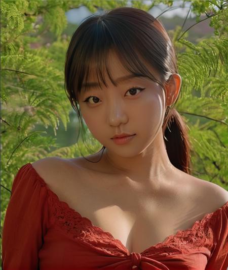 a beautiful picture of EujiPyo-Hyeri , masterpiece, photorealistic, woman, detailed, 4k, HDR, backlighting, bloom, light, RAW color photo,(fully in frame:1.1), detailed skin texture, (blush:0.5), (goosebumps:0.5), wearing a red blouse <lora:EujiPyo-Hyeri :1>