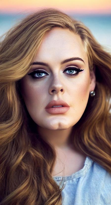 adele (sharp focus:1.2), portrait, attractive young woman, (beautiful face:1.1), detailed eyes, luscious lips, (eye makeup:1.2), body freckles, (large breasts:1.0), (tight body:1.2), (brown hair:1.2), wearing (jeans and t-shirt:1.2) at (the beach:1.2). (morning sun lighting:1.2), depth of field, bokeh, 4K, HDR. by (James C. Christensen:1.2|Jeremy Lipking:1.1).