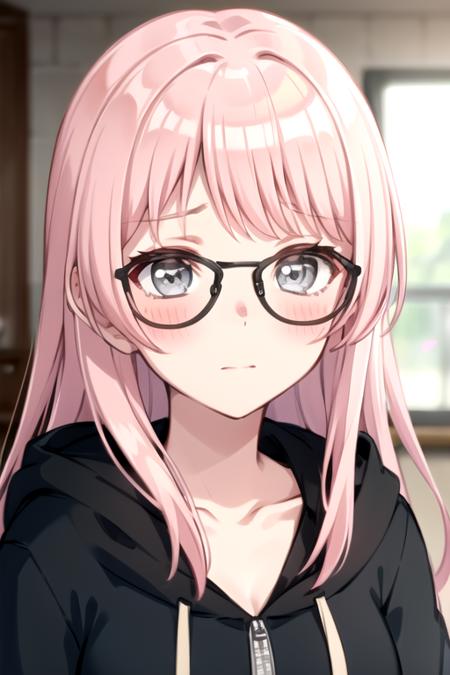 <lora:ChihayaAnon-07:0.7> , anonmygo, 1girl, solo, long hair, blush, pink hair, glasses, indoors, blurry, grey eyes, hoodie, portrait, close-up, black-framed eyewear