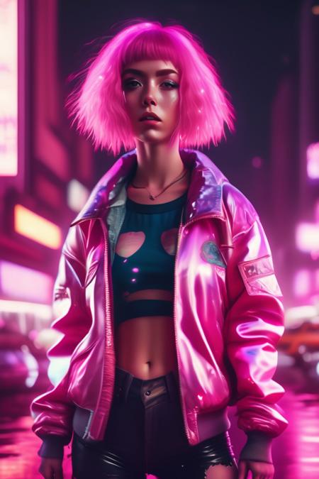 Vintage 90's anime style. wide angle environmental shot of girl with pink hair in dirty and torn clothes in neon metropolis, cinematic, anamorphic flares, intricate, highly detailed, 50mm lens, photo realistic, realistic, dramatic, dark, sharp focus, 4k <lora:Lexica_XL_V1:1>