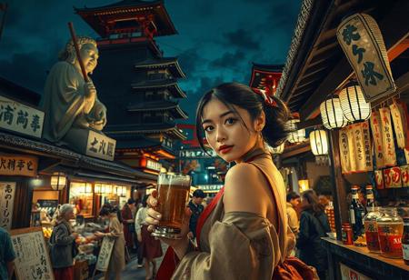 Setting is ancient Japanese street market at night in Kyoto, ((all writing is in Japanese )), ((all lighting is by candles, and Japanese style paper lanterns,  the market is comprised of street vendors selling food, weapons, and clothing. People wearing Japanese  clothing are walking through the street market shopping and eating, A calico cat with red collar sits on a nearby wooden roof at a market kiosk. Behind the a kiosk counter are containers of Japanese  sake, (((a beautiful woman, 24 years old, is standing in the foreground facing the viewer with a metal goblet of beer in her hand. Her eyes are beautiful and focused on the viewer, she has an expression of interested curiosity))), the woman is dressed in Japanese traditional style clothing combining a sexy and classic Japanese aesthetic. Enormous Japanese statues and temples are visible in the background and around the scene and smaller statues and Ancient Japanese architecture is prevalent in the market, The woman's hair is elegantly tied up with a ribbon. Artistic classic Japanese aesthetic, dynamic perspective, (((overall architectural aesthetic is Ancient Japanese ))).  Epic image that elicits a feeling of wonder and awe,