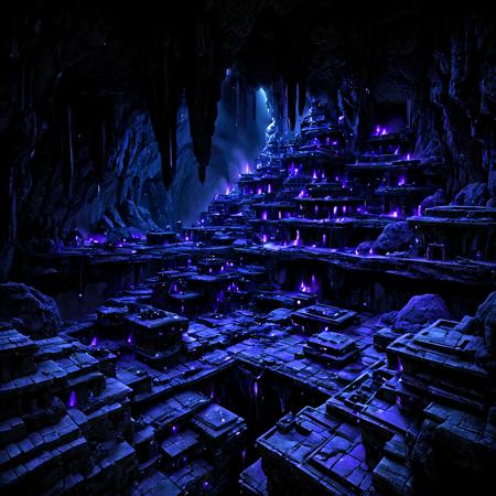 cinematic still, deep dark underground cave, pitch black, a crowded sprawling multi-level Drow city deep inside a cave, (multilevel gray buildings that grew out of rock:1.5), (filled with stone buildings), stone buildings climb up every wall, stone buildings on every platform, stone houses everywhere, each building has an orb, black ornate stone roofs, the cave is only lit by a few small flying spheres of glowing purple flame, everything is made of stone, stalactites, stalagmites, (every surface is smooth polished black stone:1.5), pitch black night,
dark fantasy, hyperrealistic art cinematic film still photography in the style of detailed hyperrealism photoshoot, R. A. Salvatore, James Christensen, bold lines, sharp angles, straight lines, hyper detailed, highly detailed, high budget, cinemascope, moody, epic, gorgeous, film grain, grainy, extremely high-resolution details, photographic, realism pushed to extreme, fine texture, ultra wide depth of field, deep depth of focus, wide shot, 35mm film, <lora:sss:1>, <lora:- SDXL - vanta-black_contrast_V3.0:1>,  <lora:glowneon_xl_v1:1>, <lora:add-detail-xl:0.8>, <lora:detailer-xl:0.8>,<lora:zavy-cntrst-sdxl:1> ,