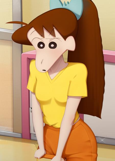 <lora:Ishizaka_Midori-10:1.1>,1girl, solo, long hair, brown hair,yellow shirt,black eyes, white pupils,ponytail, Orange pants, bouncing breasts, bow, ahoge, hair bow, style parody,