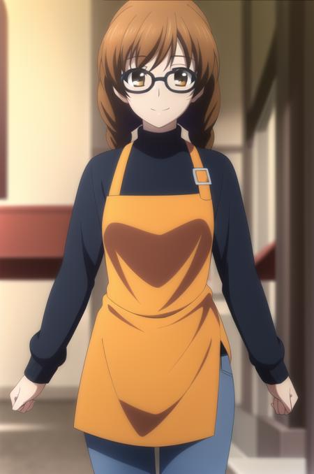 (masterpiece), high quality, highly detailed background, 1girl, solo,
<lora:WA2-Setsuno-v1-06:0.7>, ChopioSetsuno, looking at viewer,
brown hair, long hair, twin braids, brown eyes, glasses,
outfit_2, orange apron, apron, turtleneck, sweater, jeans
standing, smile,