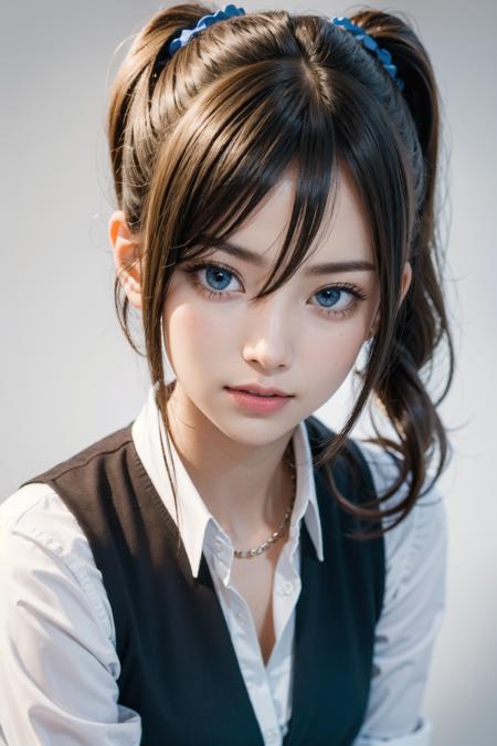 1girl , mizura, forehead protector,-,
(realistic, photo-realistic:1.37),(8k, RAW photo, best quality, masterpiece:1.2), cute, ultra-detailed,heart-shaped pupils,physically-based rendering, ultra high res, looking at viewer,photorealistic,realistic, solo, photorealistic, best quality,extremely detailed face,extremely detailed eyes and face, beautiful detailed eyes,absurdres, incredibly absurdres,haunting smile,childish looks, best quality, masterpiece, portrait, a photography of a beautiful girl, detailed face,  pov, (((depth of field))), pale and lustrous skin, (huge breasts), neon glow, random background,  <lora:AiHayasakaV4:1>
AiHayasakaV4, 1girl, solo, breasts, looking at viewer, blush, blue eyes, blonde hair, simple background, shirt, hair ornament, white background, hair between eyes, school uniform, white shirt, nail polish, side ponytail, v, scrunchie, hair scrunchie, blue nails, clothes around waist, blue scrunchie, shuuchiin academy school uniform