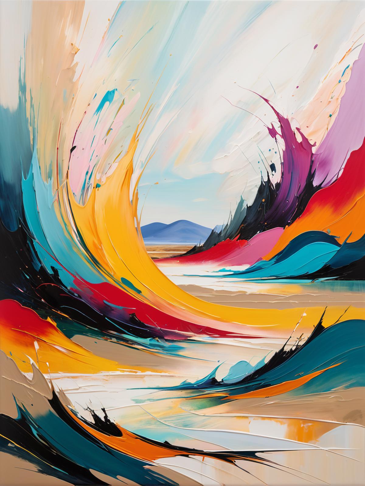 Colorful Abstract Painting of Mountains, Water, and Sky
