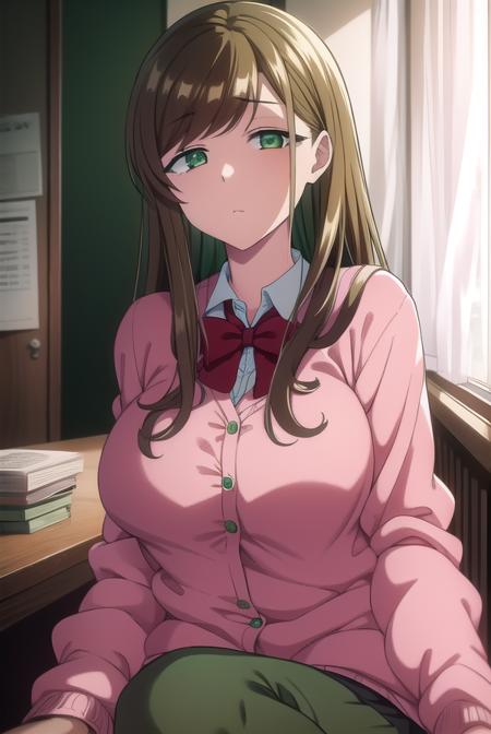 minakosanada, <lora:minakosanada-lora-nochekaiser:1>, 
minako sanada, long hair, brown hair, (green eyes:1.5),
BREAK long sleeves, bow, school uniform, bowtie, red bow, cardigan, pink cardigan,
BREAK looking at viewer,
BREAK indoors, classroom,
BREAK <lora:GoodHands-vanilla:1>, (masterpiece:1.2), best quality, high resolution, unity 8k wallpaper, (illustration:0.8), (beautiful detailed eyes:1.6), extremely detailed face, perfect lighting, extremely detailed CG, (perfect hands, perfect anatomy),