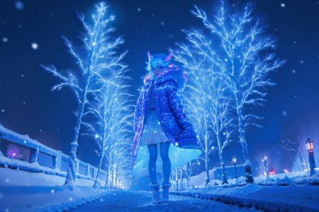 ((flourescent theme)), iridescent aura, christmas lights, bare trees, snow, snowing, 1girl, solo, adult mature woman, age 30, high quality, best quality, highres, full body, high detail,  masterpiece, pointy ears, best quality, <lora:Bluemageddon:1.1>,