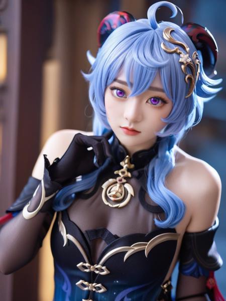 ganyu is a girl with light blue hair purple eyes and horns,She is wearing the "xuanyuyaofang" outfit which includes blue china dress and black black sleeves