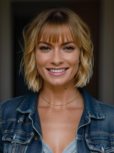 A beautiful j4m13p,1girl, solo, looking at viewer, smile, short hair, bangs, (((blonde hair))), shirt, jewelry, jacket, earrings, teeth, necklace, grin, denim, portrait, realistic, denim jacket, soft lighting, professional Photography, Photorealistic, detailed, RAW, analog, sharp focus, 8k, HD, high quality, masterpiece<lora:j4m13p:1.0>