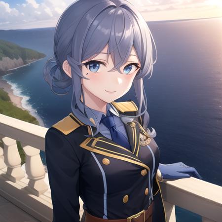 ((masterpiece)),(best quality),official art,extremely detailed CG,unity 8k wallpaper,ultra detailed,A lighthouse on a cliff by the sea,1girl,solo,upper body,(portrait:1.2),half_gloves,mole_under_eye,blue_hair,long_hair,military_uniform,blue_eyes,white_gloves,single_hair_bun,blue_skirt,blue_sailor_collar,black_necktie,collared_shirt,medium breasts,long_sleeves,hair_between_eyes,thigh_strap,rudder_footwear,looking_at_viewer,smile,black_neckerchief,blue_thighhighs,belt,<lora:Gotland(kan)>,