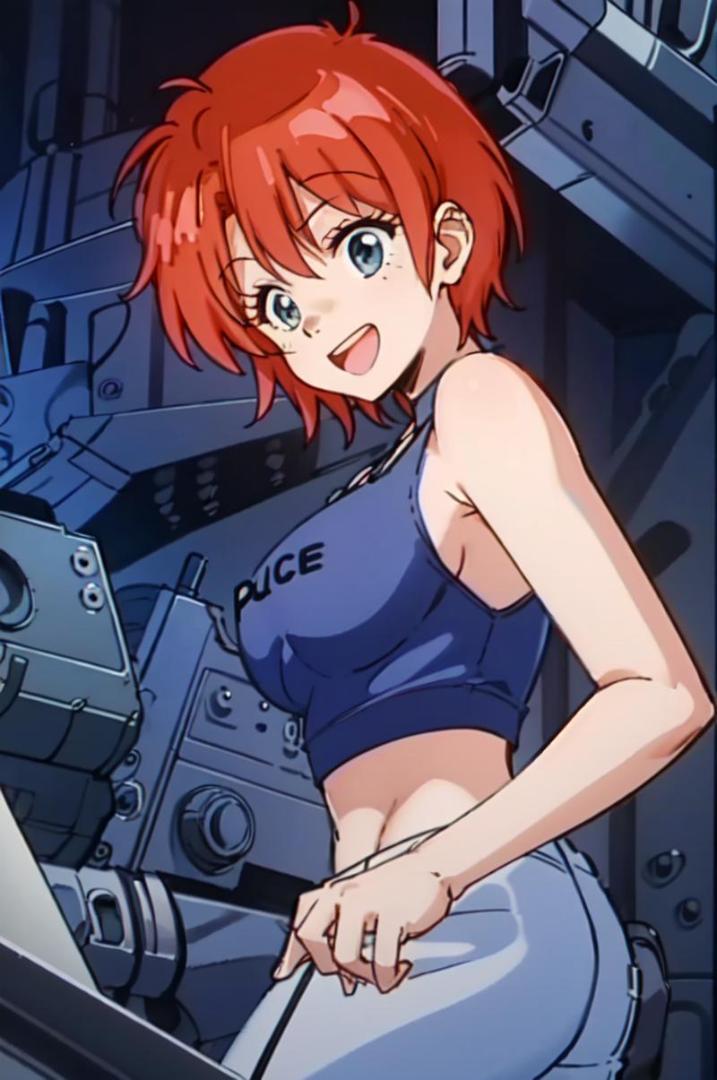 A cartoon illustration of a woman with red hair, wearing a blue tank top and a police shirt.