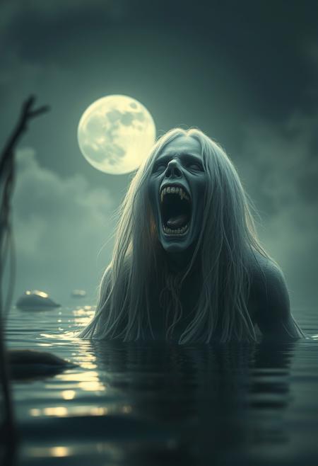 "In a moonlit swamp, a banshee with long white hair and a mouth open in a silent scream is drifting above the water, spreading terror. High definition, eerie and ghostly, detailed textures"High resolution, cinematic, frightening details” photorealistic concept art, soft natural volumetric cinematic perfect light.