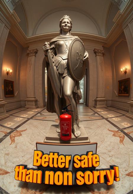 “Create an image of a statue of Giovanna d’Arco (Joan of Arc) displayed in a museum setting, shot using a Hasselblad camera with 12mm fisheye optics. The statue should have a classic, realistic style, capturing Joan in her iconic armor, holding a sword and shield, but with a gentle, subtle smile on her face, softening the heroic pose. The setting is an elegant, spacious museum with marble floors and soft lighting highlighting the statue. Near the base of the statue, there should be an extinguisher (extintor) subtly placed in the scene, offering a contrast between the historical figure and the modern, functional object. In the foreground, include a small panel with the text ‘Better safe than sorry!’ in bold, plastic extruded characters, with a 3D glossy plastic finish. The fisheye lens should distort the perspective slightly, creating a dynamic, wide-angle view that enhances the contrast between the ancient statue and the modern safety feature, adding a surreal and playful touch to the composition.”