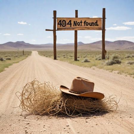 Capture a Wild West town with a humorous twist, where a tumbleweed with a cowboy hat rolls past a broken, wooden sign that humorously reads "404 - Not Found."++ 