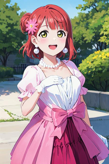 (best quality, masterpiece:1.2), 1girl, solo, cute, looking at viewer, smile, open mouth, cowboy shot, outdoors
<lora:A_AWPR_Dress:1>, uehara ayumu, awpr dress, jewelry, earrings,necklace, gloves, hair ornament, flower, dress, hair flower, pearl necklace, hair bun,bangs, green eyes, medium hair, smile, orange hair, bow, short sleeves, white gloves, blunt bangs, collarbone, blush, open mouth, pink dress, yellow eyes, hand on own chest, single side bun,