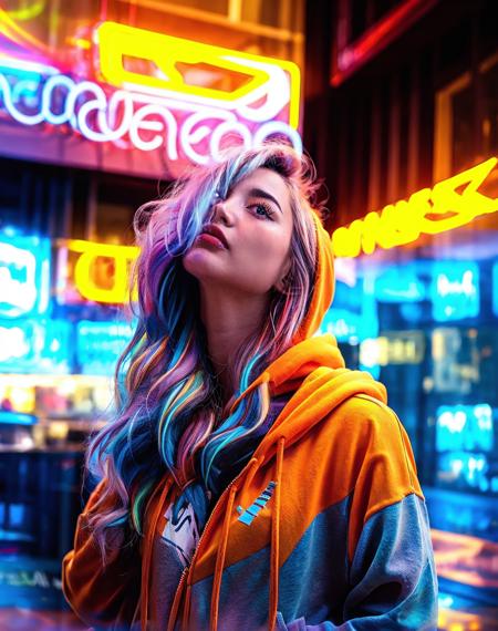 <lora:nhsheying-000009:0.8>,nhsheying,1girl,solo,hood,orange hoodie,blurry,Raise one hand,long hair,face upward,upper body,signboard,close-up,colorful hair,