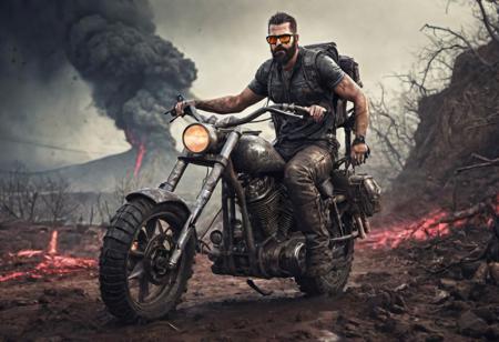 harley davidson, chopper, offroad tires, realistic fallout style, volcano in background, wasteland landscape, raining, realistic look, bloody male rider, rugged beard, cyberpunk glasses, (muscular arms), left arm bionical, ((mechanical cyborg legs)), muddy, fallout backpack, (bokeh:0.5) High contrast background, )highly detailed), foggy, burning bush