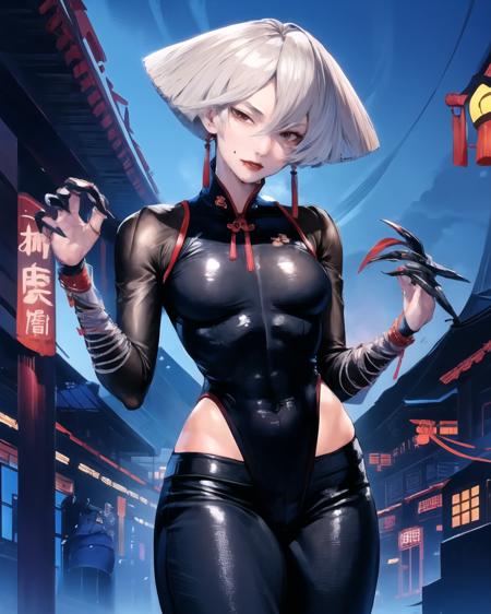 akims, mole, claw \(weapon\), clothing cutout,  dress, chinese clothes,  bodysuit, pants