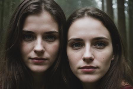 hyper realistic photograph, film grain, Kodak portra 800, f1.8, close up of two beautiful 18yo noldor women,  walking through a dense forest, haze,  fog, dim diffuse light, detailed faces, beautiful faces, beautiful eyes, piercing eyes, gaunt, tired, dehydrated, crazy smile, unhinged, psychopathic
