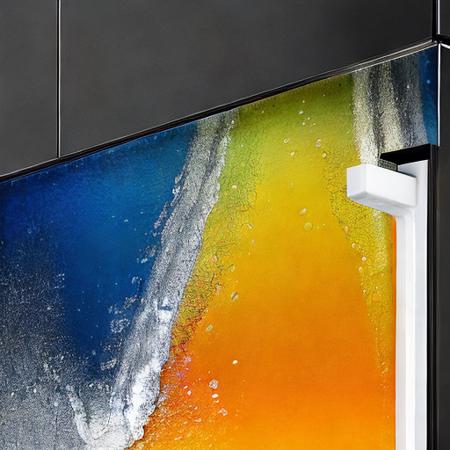 smeg, refrigerators, glass, glossy, Stainless steel, (reflections:1.4), (black gradient background:1.3), (masterpiece:1.2, best quality), (real picture, intricate details), rainbow