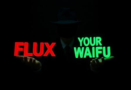 dark atmosphere, a faceless man in a black suit and black fedora hat sits in front of the viewer. in his left hand there's a red 3D text that says "FLUX", and in his right hand a green 3D text that says "YOUR WAIFU"