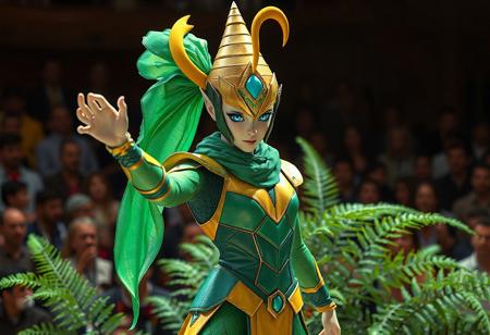 The Sage with Eyes of Blue cosplay features a meticulously crafted costume combining vibrant emerald green and golden yellow panels. The headpiece consists of a 3-foot-tall conical structure with iridescent green fabric cascading down one side, complemented by a smaller, stylized yellow horn curving from the temple. The body suit incorporates geometric patterns with contrasting panels, creating a futuristic yet organic aesthetic. In the isometric composition, the character strikes a dynamic action pose with one arm raised in a defensive stance while standing before a stylized fern plant. The Unreal Engine 5 rendering captures every brush stroke of the Octane Rendered textures, particularly the detailed eye patterns and the layered headpiece. Grammer Effect lighting emphasizes the character's blue irises while creating dramatic shadows on the Houdini-style costume folds. The scene follows the Golden Ratio for composition balance, with the crowd in the background adding context to the Performapal Dramatic Theater setting. This 4K quality image demonstrates Raphael-style character design principles with its harmonious color palette and powerful emotional impact.