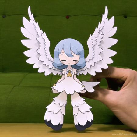 <lora:wasu:1>, pepako, person holding a paper cut doll, aura, flying, full body, no humans, pokemon \(creature\), simple background, solo, white background, wings