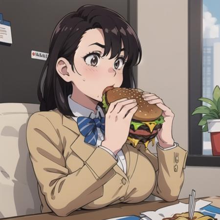 masterpiece, realistic, hyperrealistic, 1girl, office worker, business suit, bow tie, office, two-handed burger, eating, holding huge burger with both hands