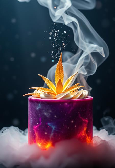 a space cake ,hypnotic,yummy,fumes majiuana leave fumes floating up galaxy starlight background