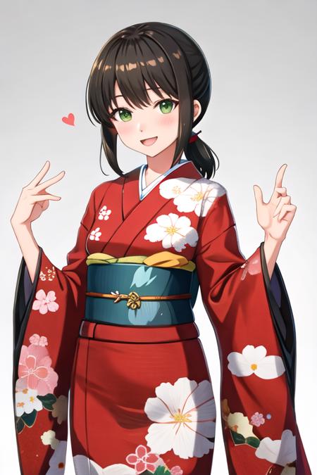 best quality, masterpiece, highres, solo, {fubuki_kantaicollection:1.15}, black_hair, ponytail, short_ponytail, serafuku, sidelocks, low_ponytail, smile, green_eyes, open_mouth, blush, 1girl, alternate_costume, japanese_clothes, kimono, looking_at_viewer, red_kimono, cowboy_shot, floral_print, new_year