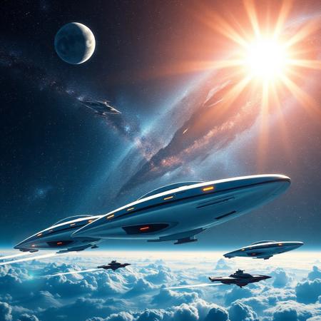 Create a vibrant and inspiring Cosmonautics Day image that reflects the future of cosmonautics. The foreground shows modern spaceships that look futuristic and sunny, with smooth lines and bright lights. Small ships are moving around them.
In the background, you can see a magnificent starry sky with a huge star and a galaxy. 
The lighting should be bright and optimistic, creating an atmosphere of hope and openness.
