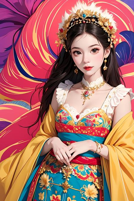 (illustration:1.1),(best quality),(masterpiece:1.1),(extremely detailed CG unity 8k wallpaper:1.1), (colorful:0.9),(cowboy:1.1),(solo:1.2), clear sharp focus,{ 1girl standing },looking at viewer, make happy expressions,soft smile,pure,beautyfull detailed face and eyes,beautyfull fashion clothing decorative pattern details, black hair,black eyes,