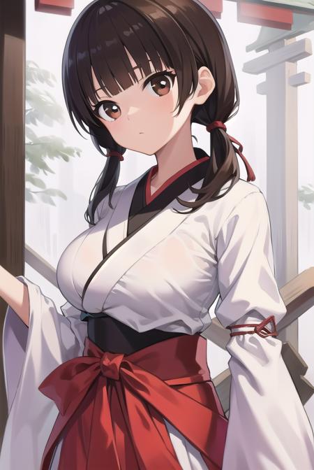 komakijindai, <lora:komakijindai-000010:1>,
komaki jindai, long hair, black hair, twintails, (brown eyes:1.5), low twintails, (large breast:1.2),
BREAK skirt, long sleeves, cleavage, japanese clothes, wide sleeves, kimono, hakama, hakama skirt, white kimono, miko, red hakama,
BREAK looking at viewer,
BREAK outdoors, shrine,
BREAK <lora:GoodHands-vanilla:1>, (masterpiece:1.2), best quality, high resolution, unity 8k wallpaper, (illustration:0.8), (beautiful detailed eyes:1.6), extremely detailed face, perfect lighting, extremely detailed CG, (perfect hands, perfect anatomy),