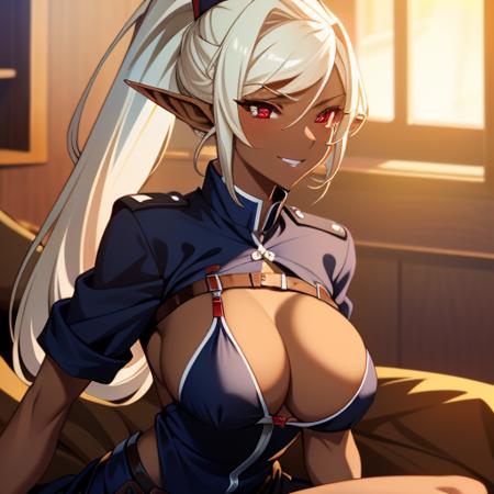 (masterpiece, best quality, absurdres, perfect anatomy),1girl,sitting,nurse,ponytail,red eyes,dark elf,pointy ears,cowboy shot,<lora:GoodHands-vanilla:1>,<lora:Chole-10:0.7>,evil smile,covering breasts,laying on bed,brown skin,