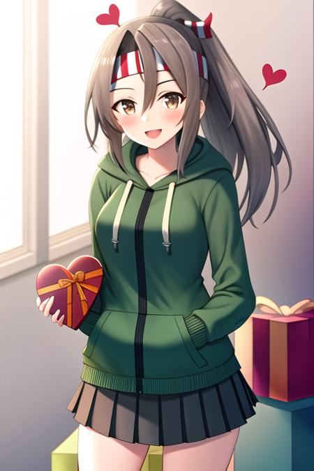 masterpiece, best quality, highres, solo, {zuihou_kantaicollection:1.10}, long_hair, brown_eyes, ponytail, brown_hair, headband, hachimaki, high_ponytail, smile, blush, open_mouth, 1girl, alternate_costume, box, gift, jacket, looking_at_viewer, green_jacket, hood, hooded_sweater, hoodie, sweater, white_sweater, heart-shaped_box, official_alternate_costume, pleated_skirt, skirt, black_skirt, cowboy_shot, heart, ribbon