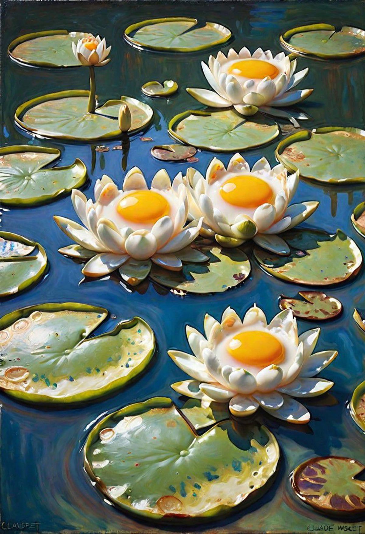 Water Lily Painting with Three Eggs on Top of Each Flower