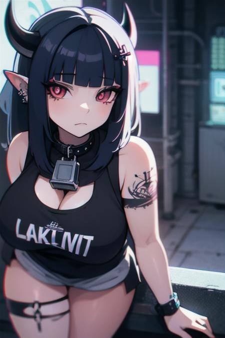 thick, (best-quality:0.8), perfect anime illustration, portrait, masterpiece, best quality, (intricate details:1), (scenery:1.3), (high shoot) solo, high res, anatomy, detailed skin, beautiful face, intimidating, sharp glaring eyes, 1 girl, insane, bangs, jewelry, blunt bangs, hair ornament, (look at veiwer:1.2), (tattoo:1), medium breasts, good lighting, Goth_punk, cleavage, dominant, (girl with [white|black] hair),tattoos, cyberpunk vest, legs <lora:Gothpunk:0.5>,  <lora:Milky:0.5> cow girl, <lora:Shorty:0.7> dummy cheeked up shortstack female woman long ears, red eyes, uwu, horns