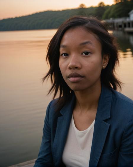 RED Epic (2011) soft diffused lighting, (photo of a woman), lying BREAK
(Salmon Pompadour), fishing pier, tranquil waters, anglers, sunset fishing, (Indigo Denim blazer),
 <lora:Kara_XL Base:1>