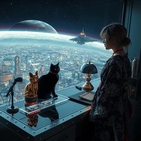 A sleek black cat with red collar sits on a cluttered metal riveted desk with transparent top and micro-LED lighted computer components visible inside, On the desk is a gold and lacquer maneki neko statue and an art deco glass and metal lamp, the Black Cat is looking out of a seamless and futuristic floor to ceiling window that looks out at a planet from low orbit, the planet is covered with the lights of enormous buildings and cities that maintain realistic scale, (((a beautiful woman, 24 years old, is standing next to the desk the cat is sitting on and looking longingly out the window, the woman is dressed in casual, but beautifully designed elegant but sexy yukata. An enormous deco starship with futuristic lighting and an enormous space station are visible in the background among the stars, The woman's hair is messy from just waking up and tied up with a ribbon.  Artistic art deco, dynamic perspective, (((overall architectural aesthetic is Art Deco Cyberpunk))).  Epic image that elicits a feeling of wonder and awe, inspired composition of a master image artist using exact proportionality and exquisite use of colors light and shadows,