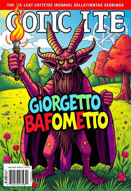 “Cover of a comic-occult magazine. A goofy Baphomet, now dubbed Giorgetto Bafometto, strikes a ridiculous pose while holding a sparking torch that looks like a birthday candle. In the background, a sunny meadow replaces the eerie forest, with wobbly cartoon trees and a pentagram drawn clumsily in colorful chalk. The title ‘GIORGETTO BAFOMETTO’ is proudly splashed across the center in playful, crooked letters that look like they’re from a kid’s craft project. The scene is bursting with bright reds, yellows, and purples, exuding more Saturday morning cartoon energy than occult mystique.”