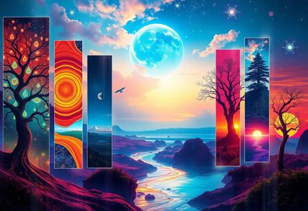 A digital cyberpunk art splash in the style of bo-cyborgsplash, a vibrant and mystical landscape depicted in a series of vertical banners, each featuring a different color palette, the first banner on the left shows a glowing tree with intricate patterns, the second banner features a swirling orange and red design, the third banner features an abstract landscape with a tree in the center, the fourth banner showcases a glowing blue planet in the sky, the fifth banner showcases an otherworldly landscape with distant mountains, the sixth panel showcases a distant landscape with trees and distant structures, the seventh panel showcases an ocean scene, the eighth panel features a mystical tree with vibrant colors, the ninth panel displays a stunning sunset landscape, the final panel features an ethereal landscape with glowing elements, the overall effect is a mesmerizing and captivating image that exudes a sense of otherworldly beauty<lora:boFLUX Cyborgsplash.safetensors:1.0:1.0>