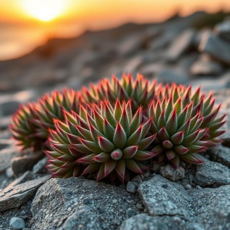 a very detailed close picture of a multiple Sempervivum tectorum plants, dinamic view, sunset light angle, on the rocks